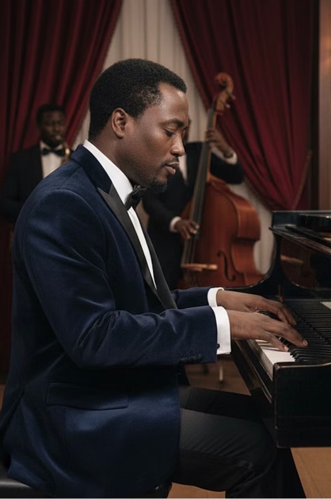 Bonani Mambi performing at a grand piano.